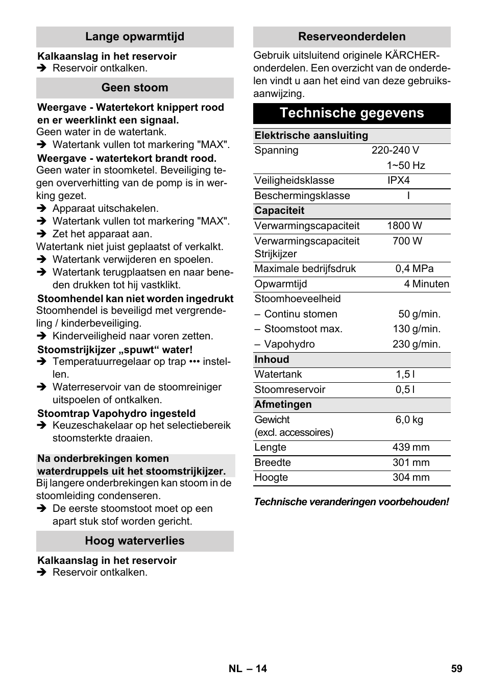 Technische gegevens | Karcher SC 5-800 C EU User Manual | Page 59 / 326
