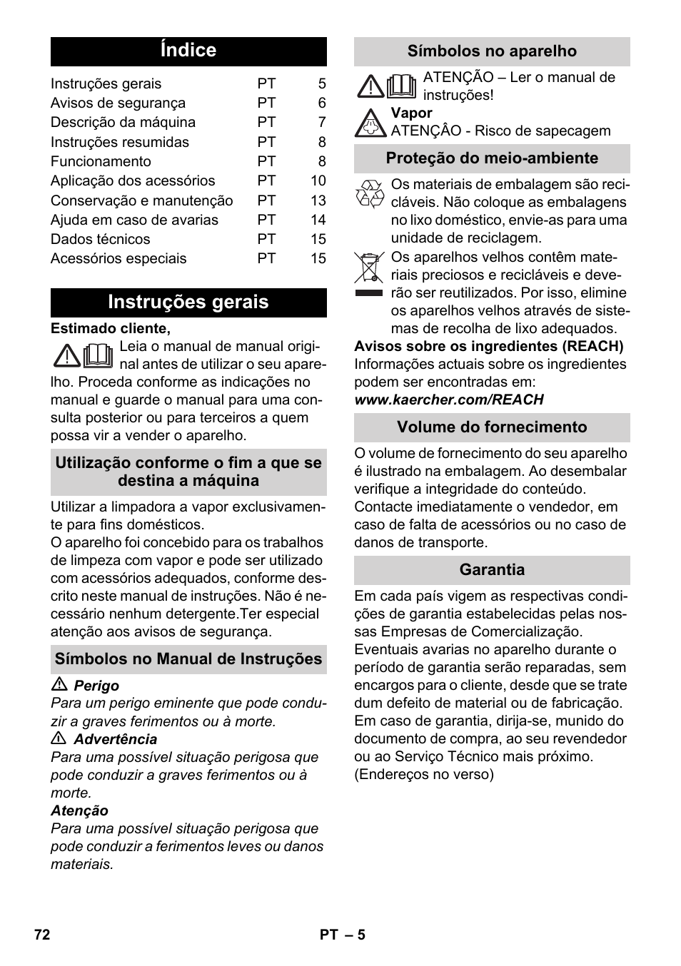 Português, Índice, Instruções gerais | Karcher SC 5-800 C EU User Manual | Page 72 / 326