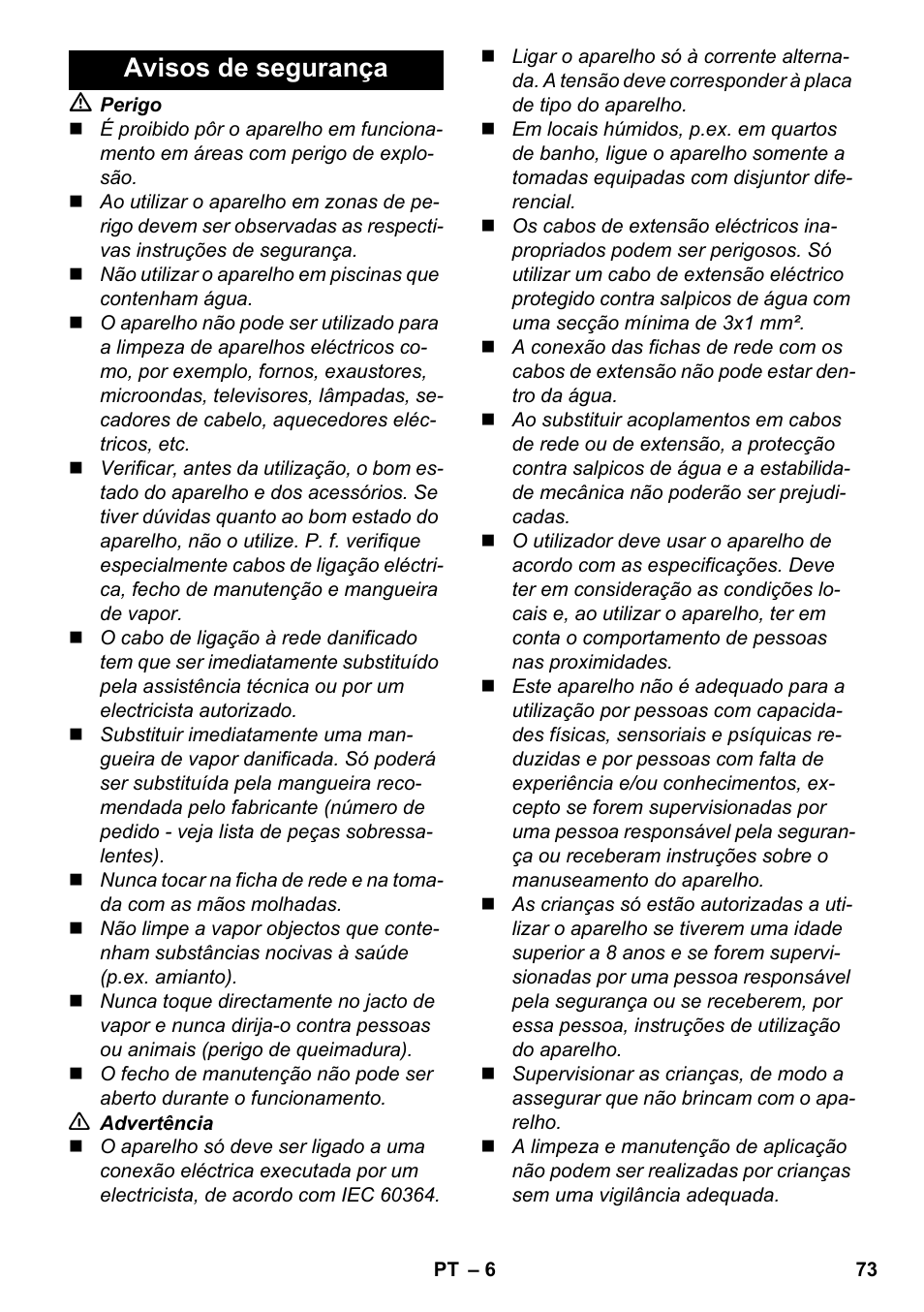 Avisos de segurança | Karcher SC 5-800 C EU User Manual | Page 73 / 326