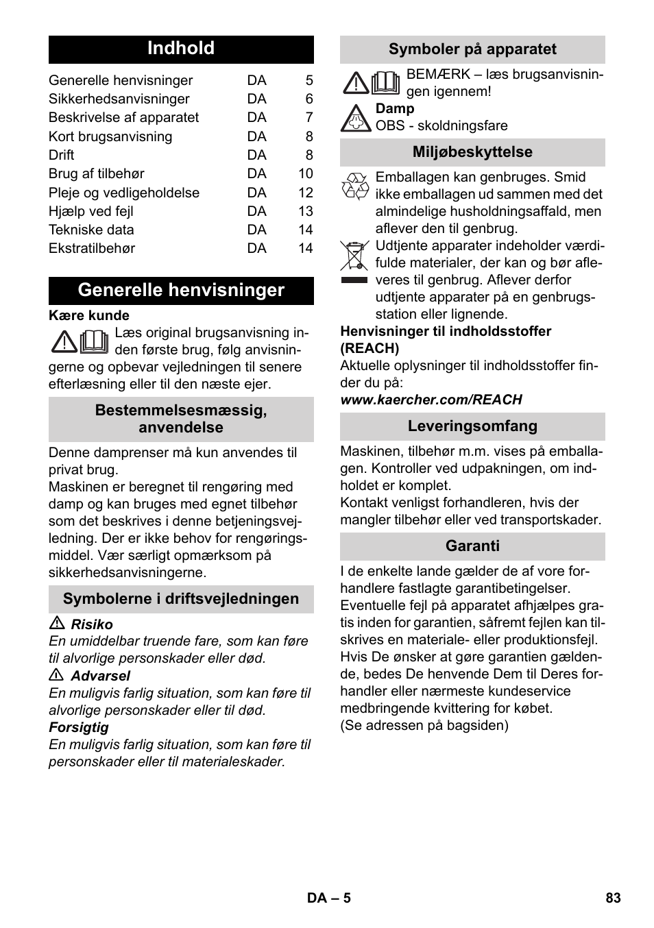 Dansk, Indhold, Generelle henvisninger | Karcher SC 5-800 C EU User Manual | Page 83 / 326