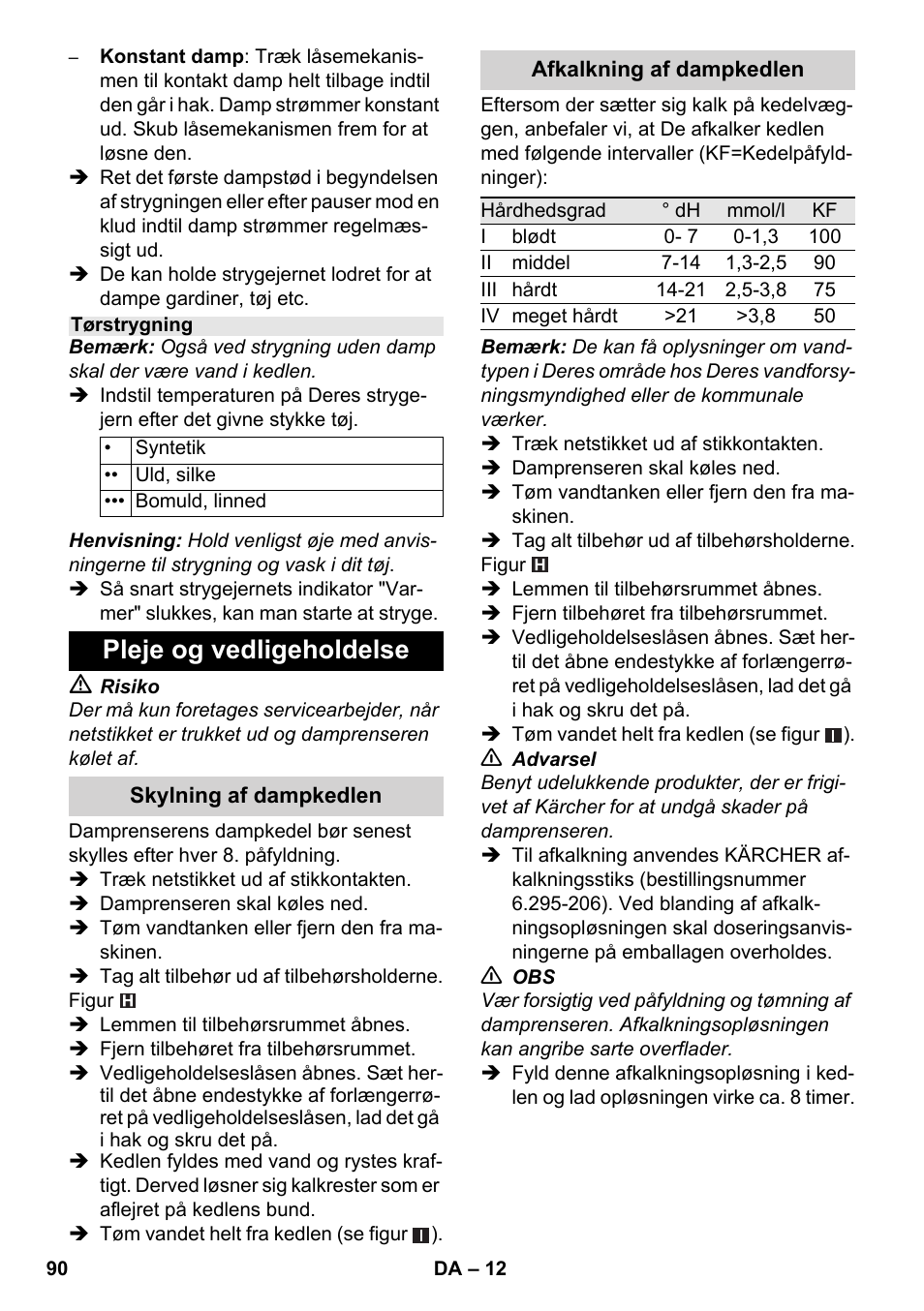Pleje og vedligeholdelse | Karcher SC 5-800 C EU User Manual | Page 90 / 326