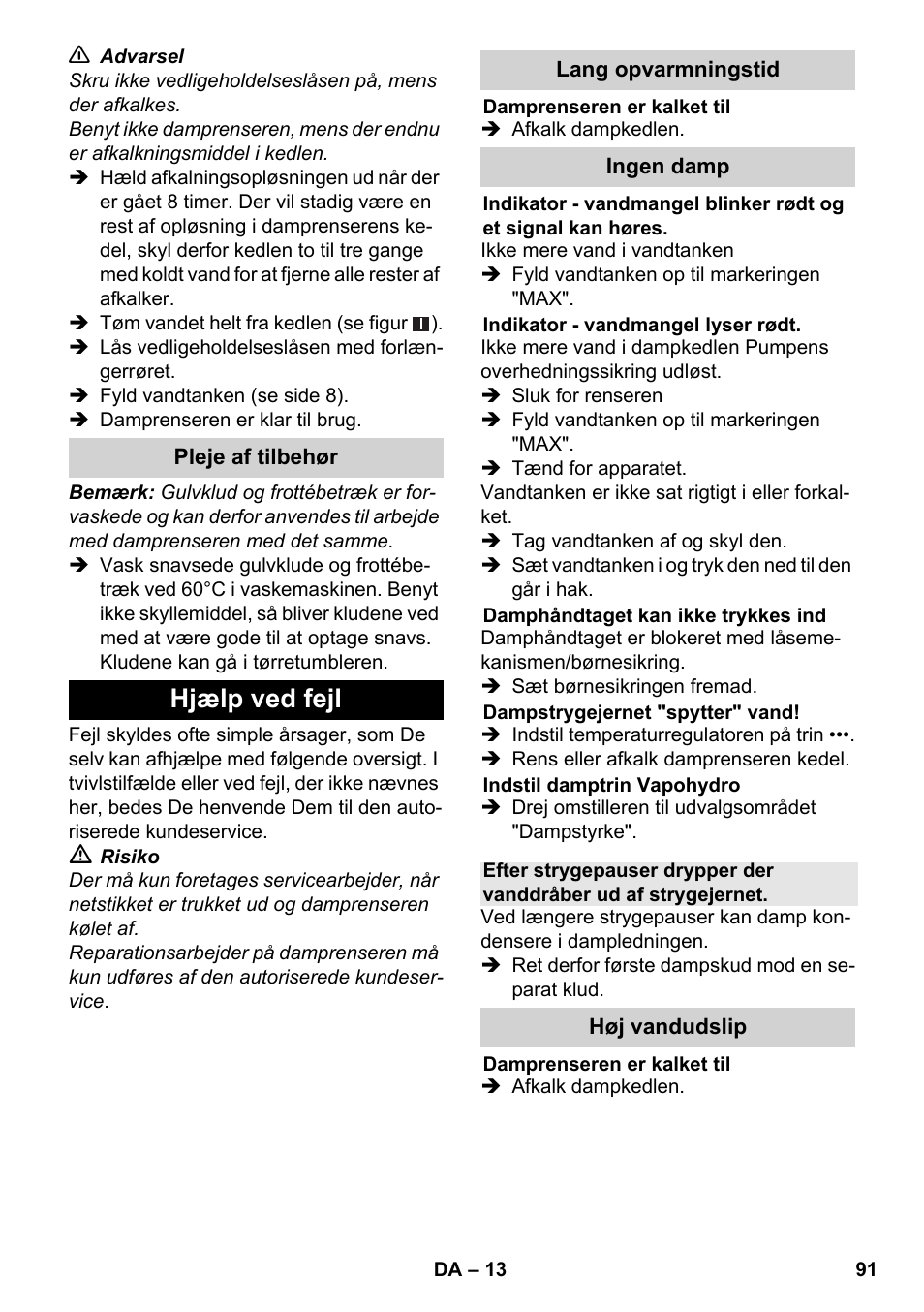 Hjælp ved fejl | Karcher SC 5-800 C EU User Manual | Page 91 / 326