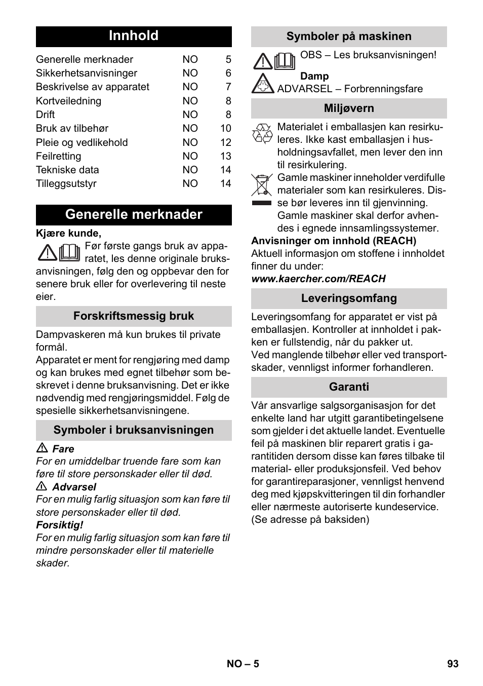 Norsk, Innhold, Generelle merknader | Karcher SC 5-800 C EU User Manual | Page 93 / 326