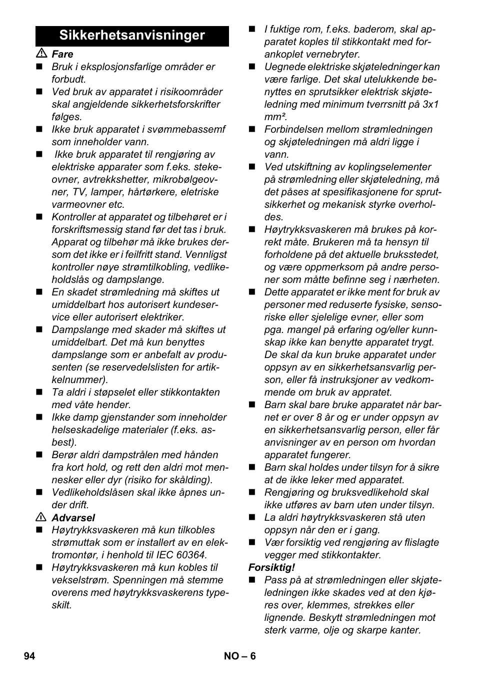 Sikkerhetsanvisninger | Karcher SC 5-800 C EU User Manual | Page 94 / 326