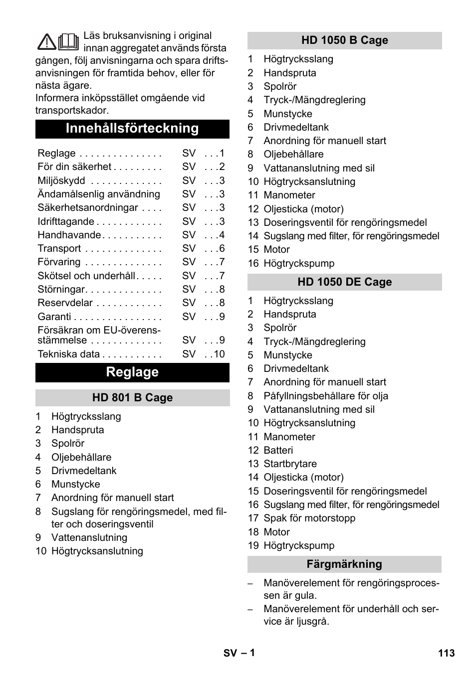 Svenska, Innehållsförteckning, Reglage | Karcher HD 1050 De Cage User Manual | Page 113 / 286