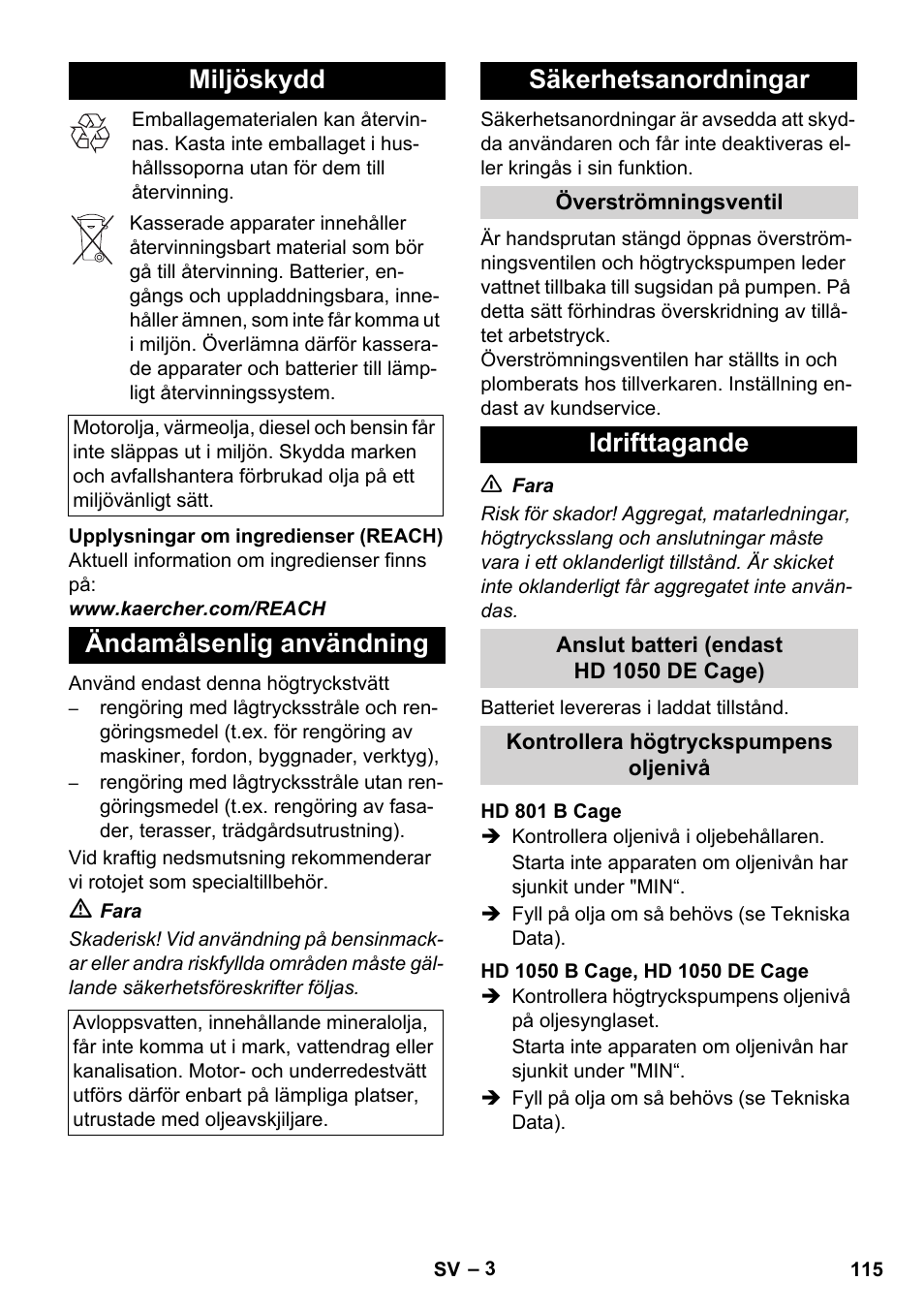Miljöskydd, Ändamålsenlig användning, Säkerhetsanordningar | Idrifttagande | Karcher HD 1050 De Cage User Manual | Page 115 / 286
