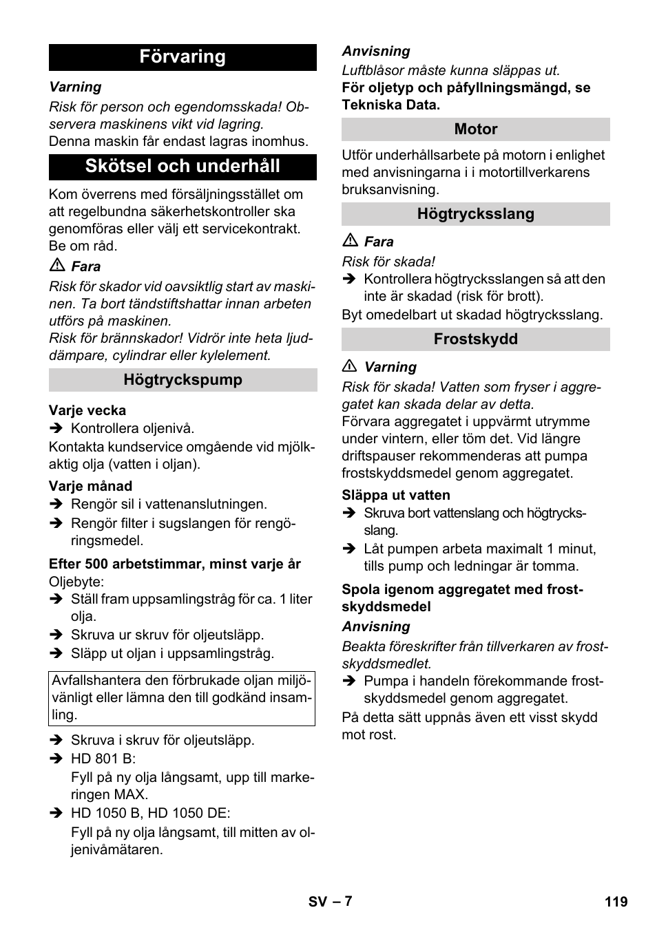 Förvaring skötsel och underhåll | Karcher HD 1050 De Cage User Manual | Page 119 / 286