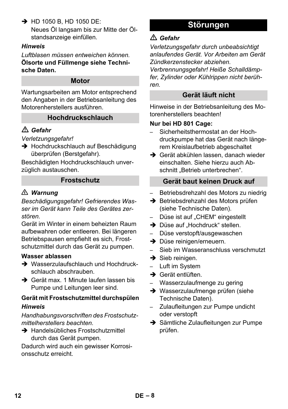 Störungen | Karcher HD 1050 De Cage User Manual | Page 12 / 286