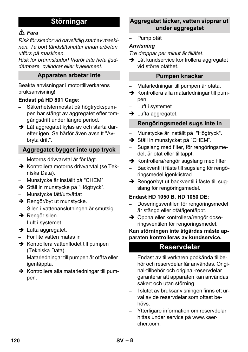 Störningar, Reservdelar | Karcher HD 1050 De Cage User Manual | Page 120 / 286