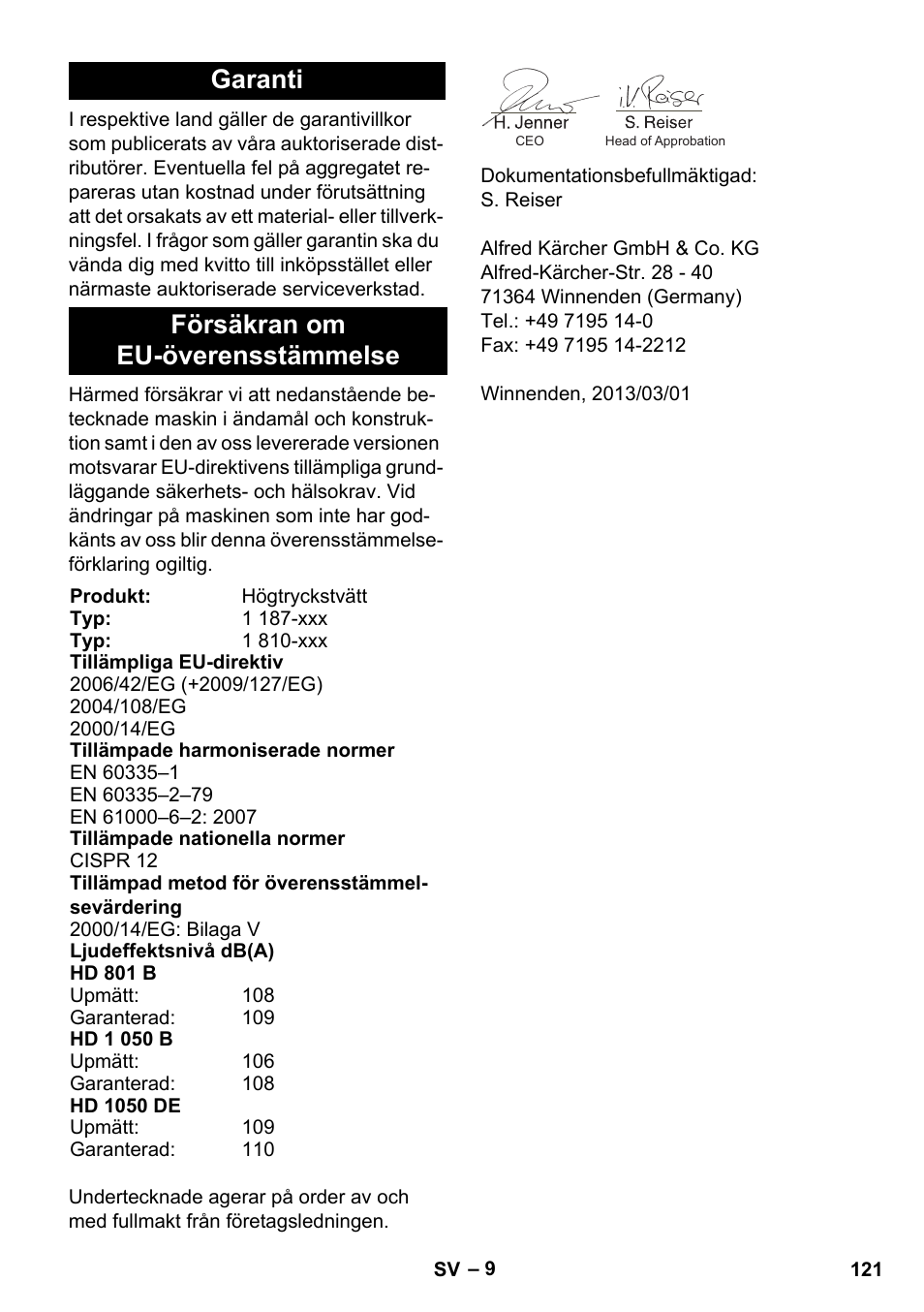 Garanti försäkran om eu-överensstämmelse | Karcher HD 1050 De Cage User Manual | Page 121 / 286