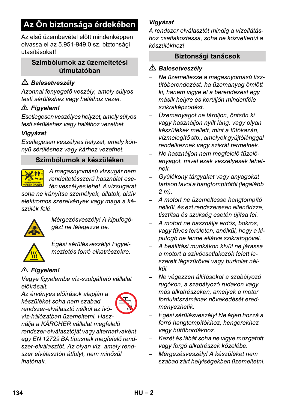 Az ön biztonsága érdekében | Karcher HD 1050 De Cage User Manual | Page 134 / 286