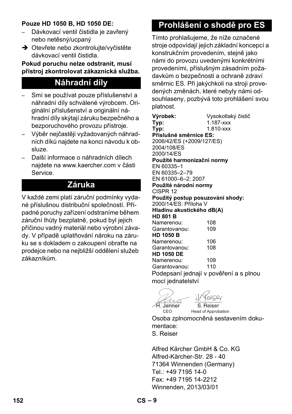 Náhradní díly záruka prohlášení o shodě pro es | Karcher HD 1050 De Cage User Manual | Page 152 / 286