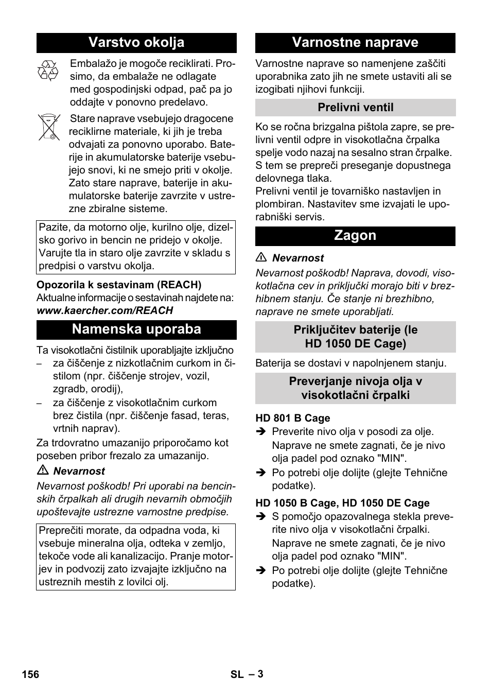Varstvo okolja, Namenska uporaba, Varnostne naprave | Zagon | Karcher HD 1050 De Cage User Manual | Page 156 / 286