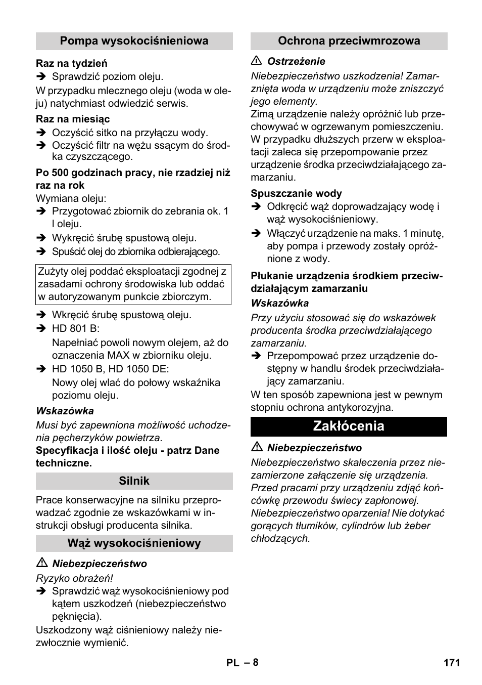 Zakłócenia | Karcher HD 1050 De Cage User Manual | Page 171 / 286