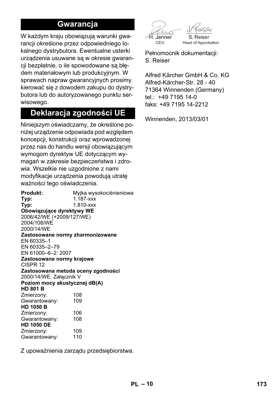 Gwarancja deklaracja zgodności ue | Karcher HD 1050 De Cage User Manual | Page 173 / 286