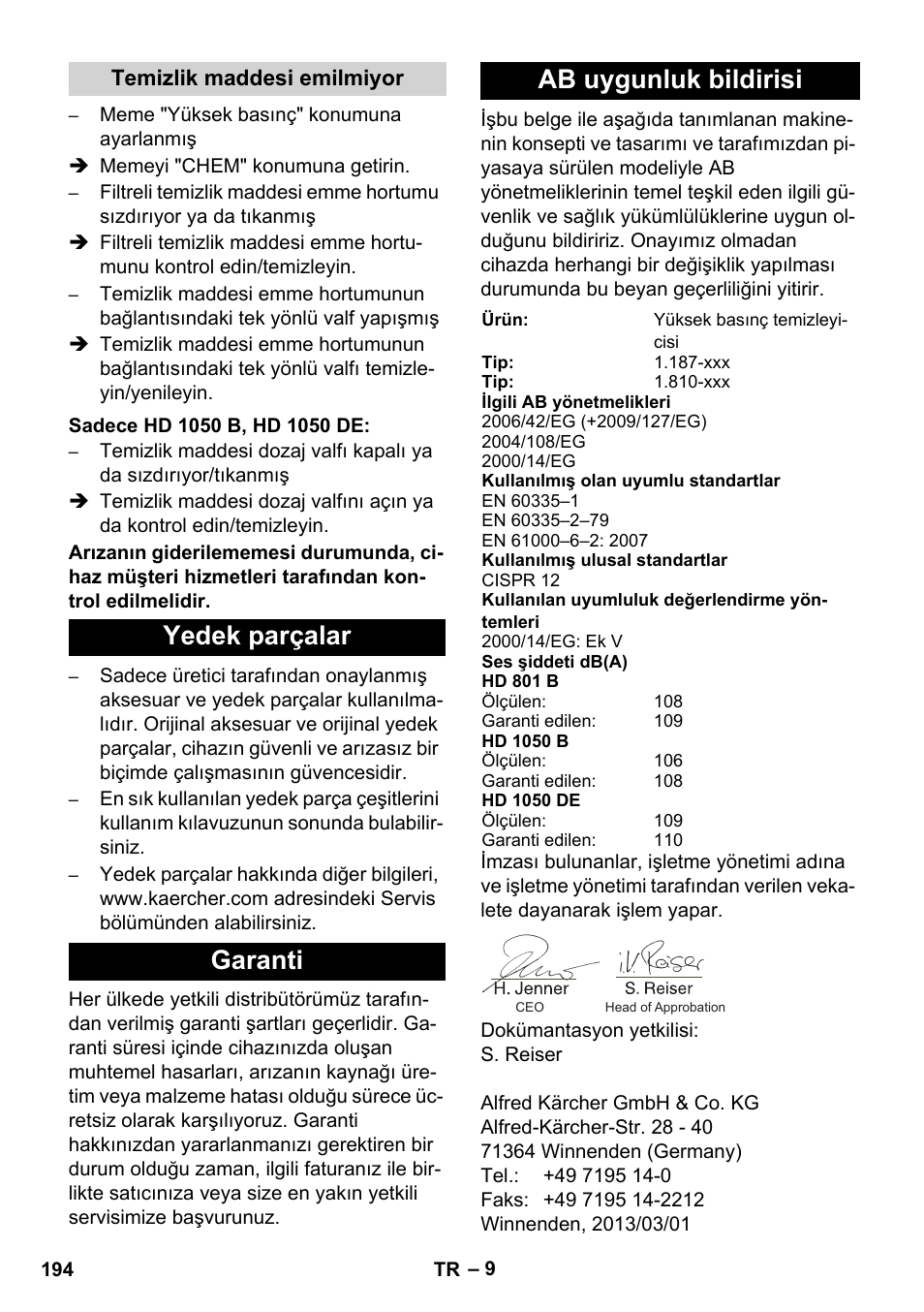 Yedek parçalar garanti ab uygunluk bildirisi | Karcher HD 1050 De Cage User Manual | Page 194 / 286