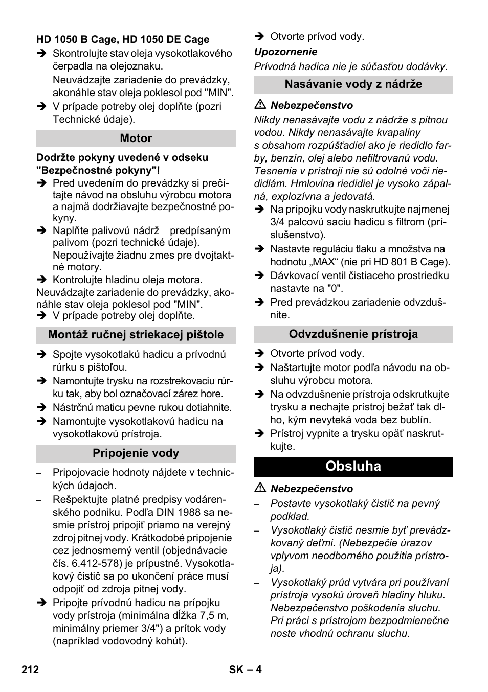 Obsluha | Karcher HD 1050 De Cage User Manual | Page 212 / 286