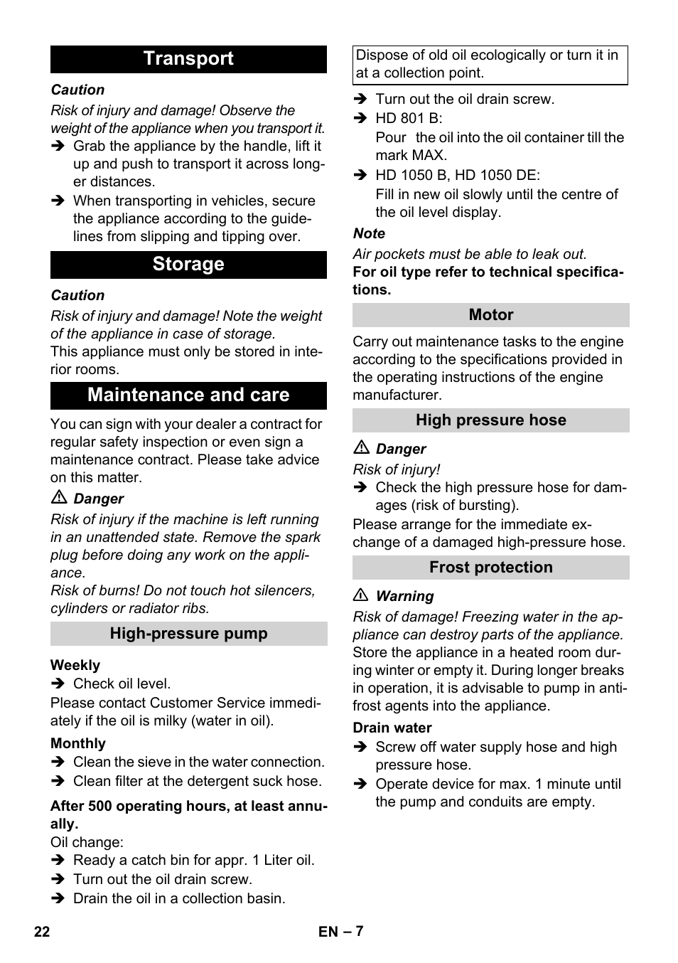 Transport storage maintenance and care | Karcher HD 1050 De Cage User Manual | Page 22 / 286