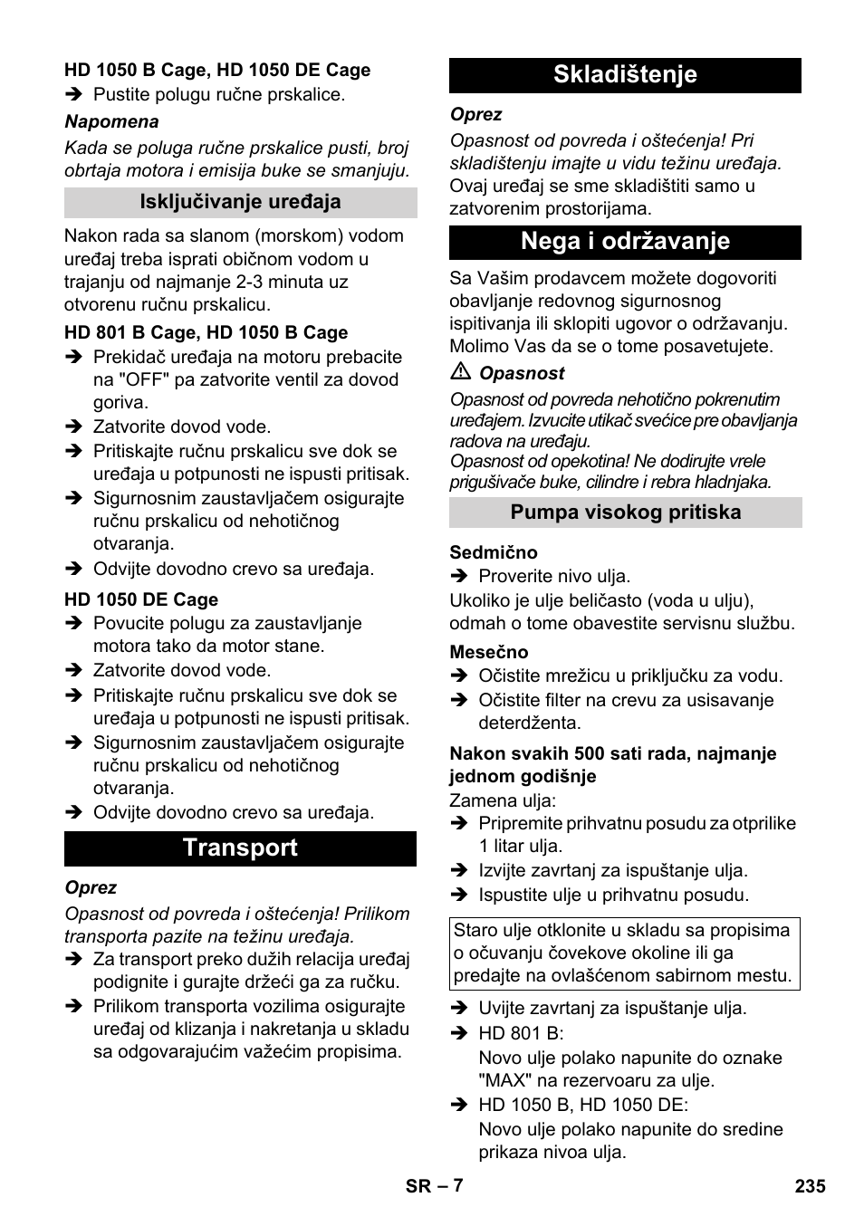 Transport skladištenje nega i održavanje | Karcher HD 1050 De Cage User Manual | Page 235 / 286