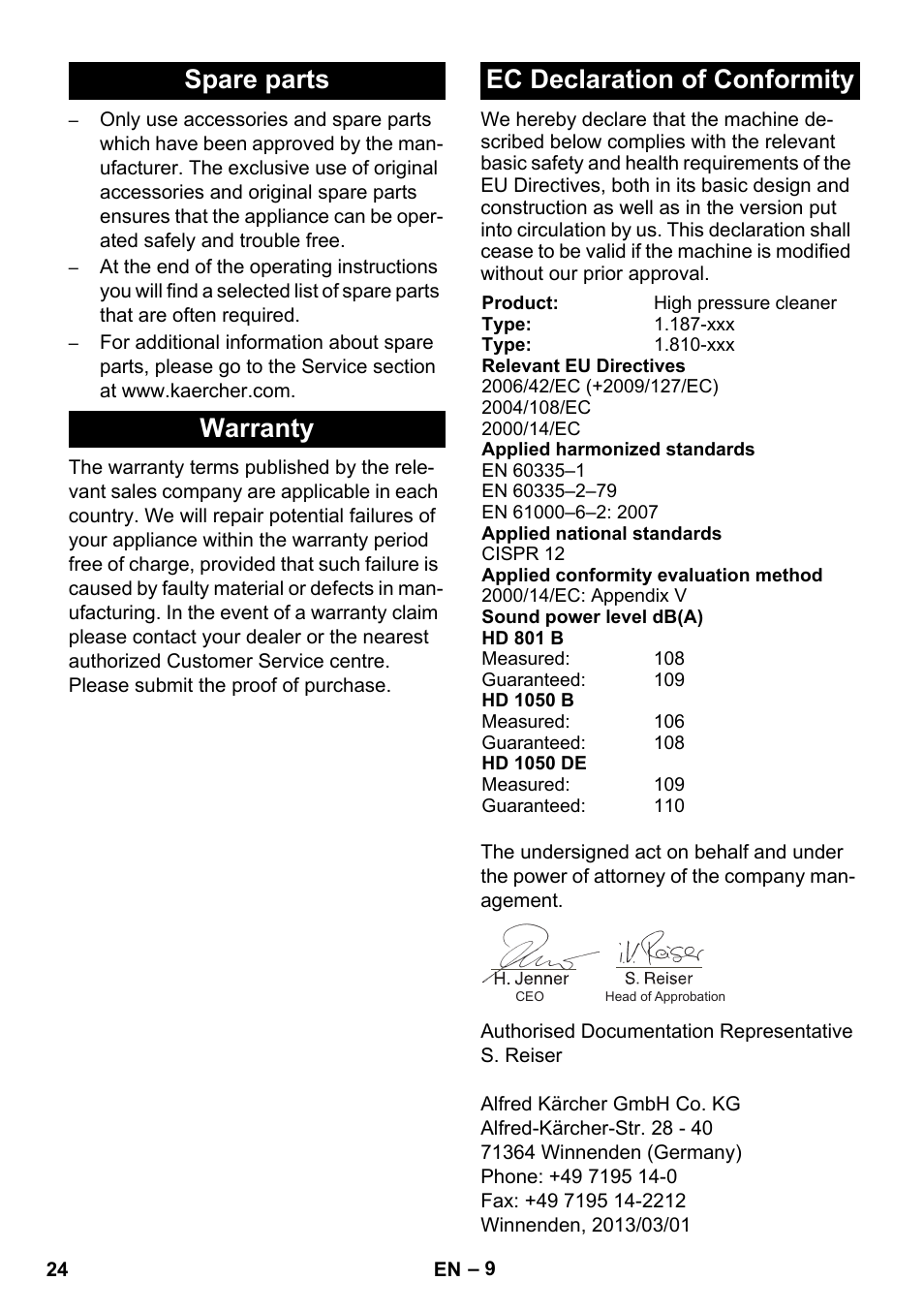 Spare parts warranty ec declaration of conformity | Karcher HD 1050 De Cage User Manual | Page 24 / 286