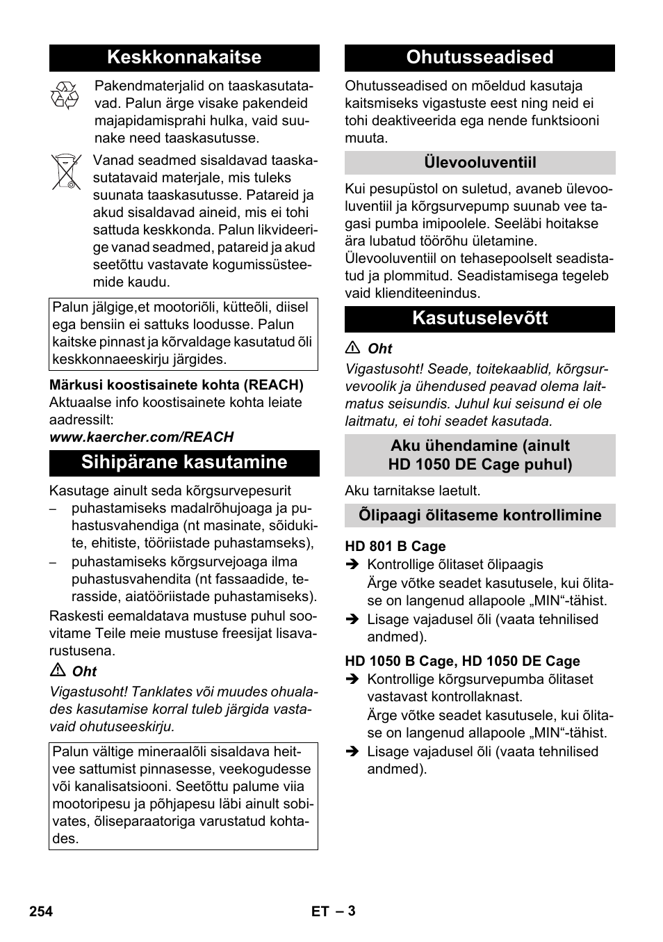 Keskkonnakaitse, Sihipärane kasutamine, Ohutusseadised | Kasutuselevõtt | Karcher HD 1050 De Cage User Manual | Page 254 / 286