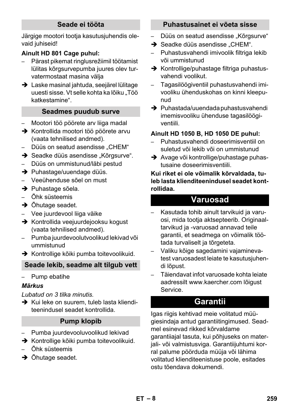 Varuosad garantii | Karcher HD 1050 De Cage User Manual | Page 259 / 286