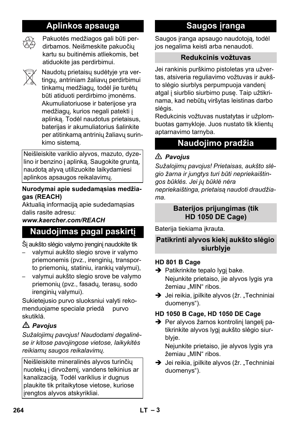 Aplinkos apsauga, Naudojimas pagal paskirtį, Saugos įranga | Naudojimo pradžia | Karcher HD 1050 De Cage User Manual | Page 264 / 286