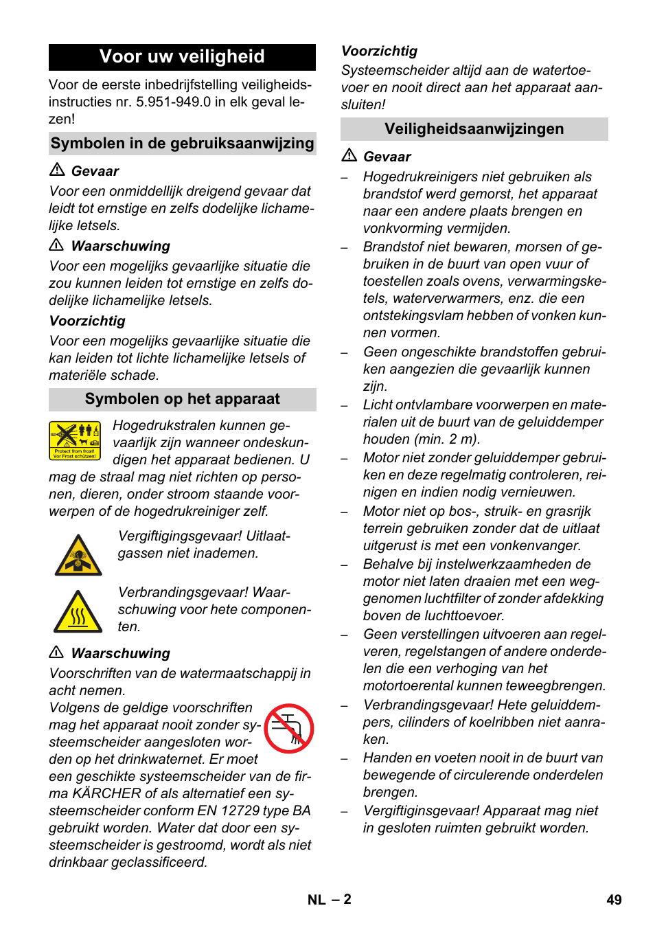 Voor uw veiligheid | Karcher HD 1050 De Cage User Manual | Page 49 / 286