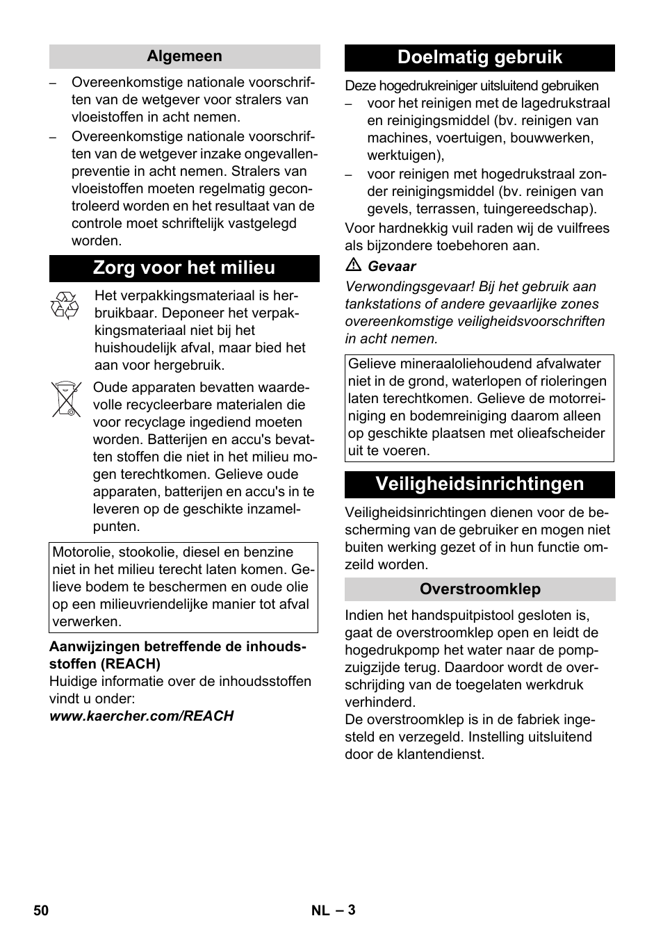 Zorg voor het milieu, Doelmatig gebruik, Veiligheidsinrichtingen | Karcher HD 1050 De Cage User Manual | Page 50 / 286