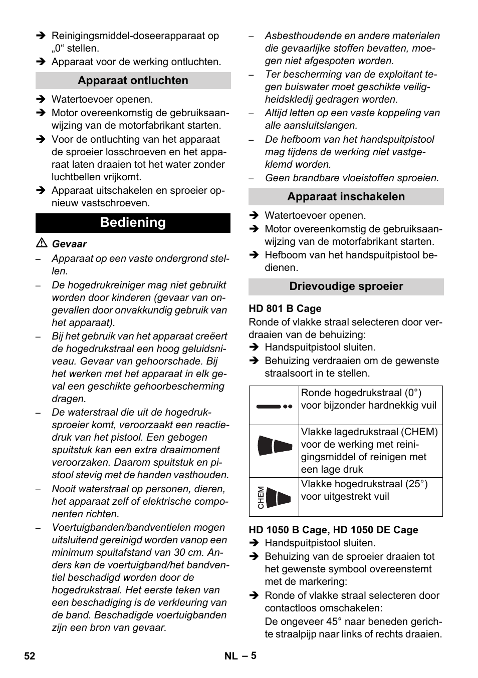 Bediening | Karcher HD 1050 De Cage User Manual | Page 52 / 286