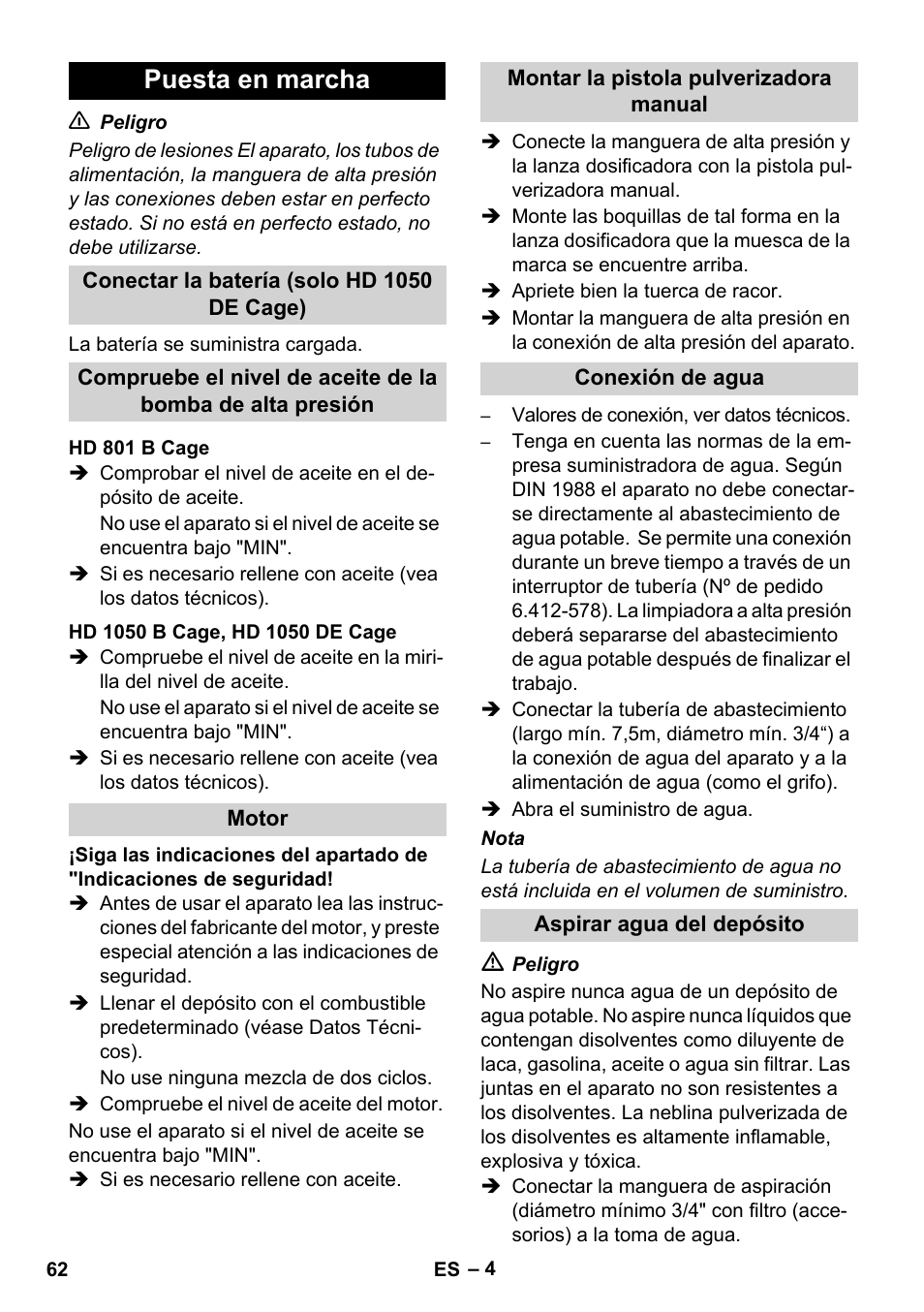 Puesta en marcha | Karcher HD 1050 De Cage User Manual | Page 62 / 286