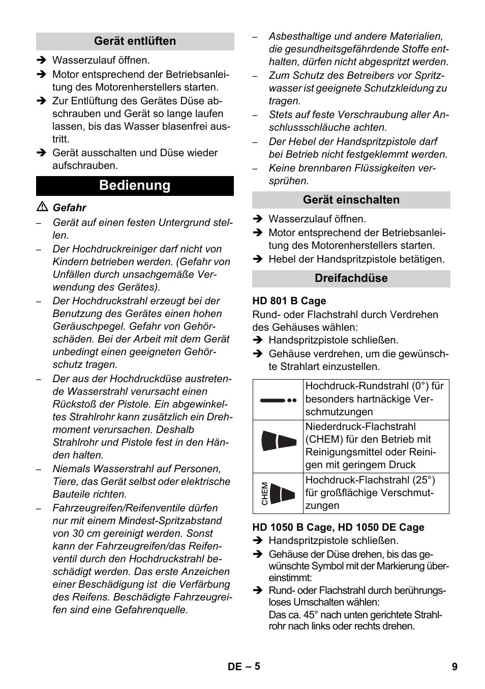 Bedienung | Karcher HD 1050 De Cage User Manual | Page 9 / 286