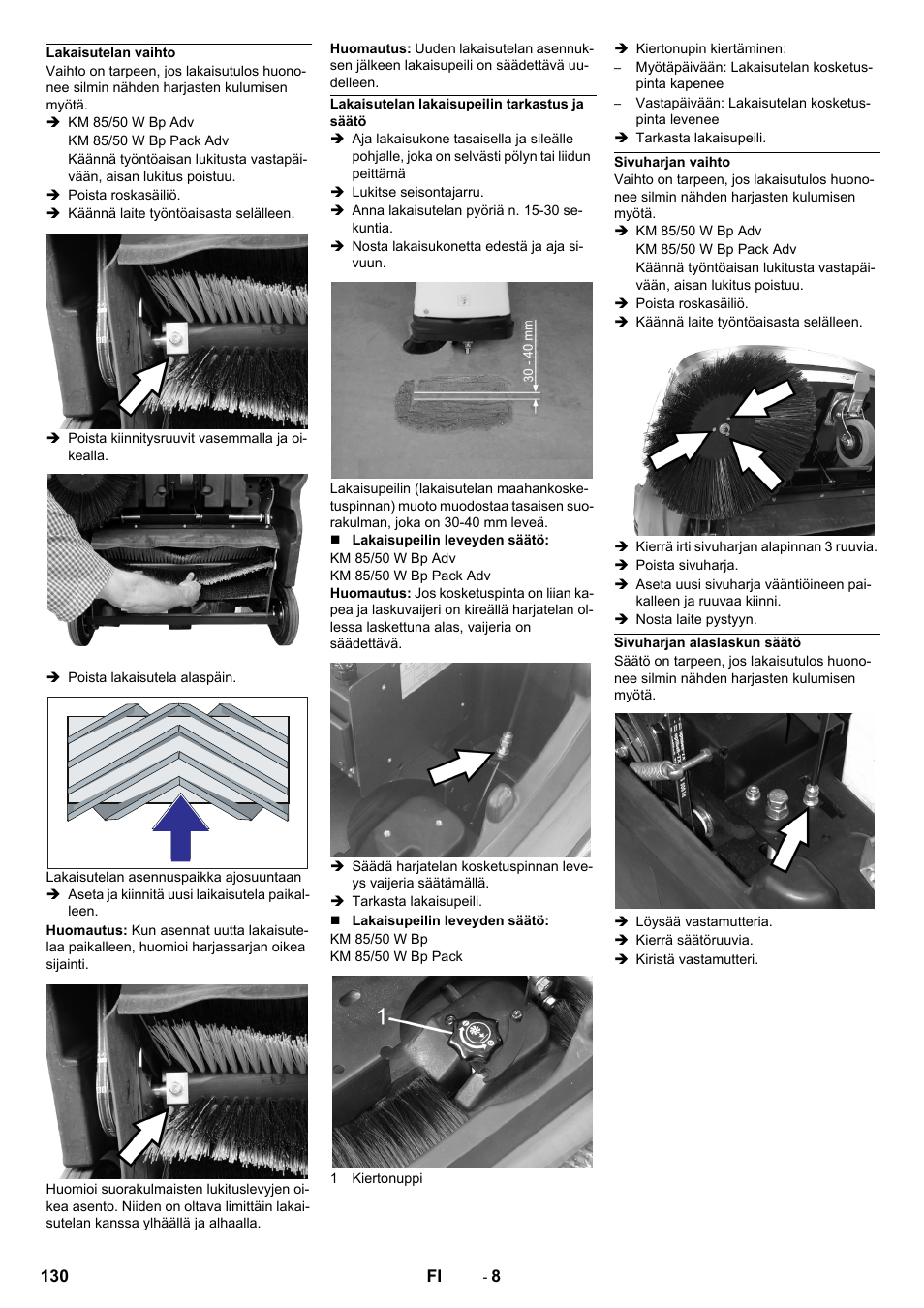 Lakaisutelan vaihto, Lakaisutelan lakaisupeilin tarkastus ja säätö, Sivuharjan vaihto | Sivuharjan alaslaskun säätö | Karcher KM 85-50 W Bp Adv User Manual | Page 130 / 336