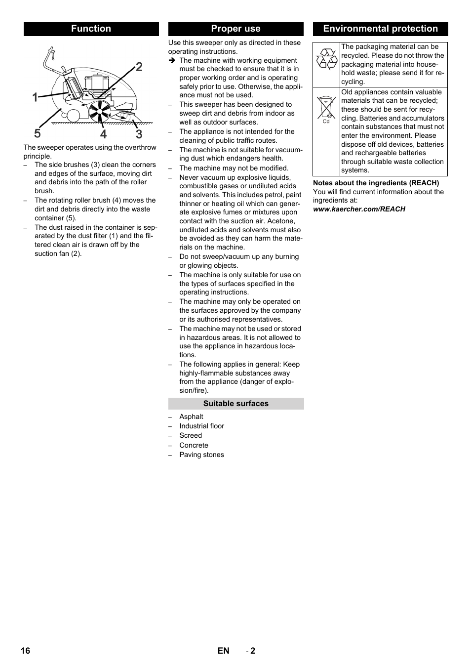 Function, Proper use, Suitable surfaces | Environmental protection, Function proper use | Karcher KM 85-50 W Bp Adv User Manual | Page 16 / 336
