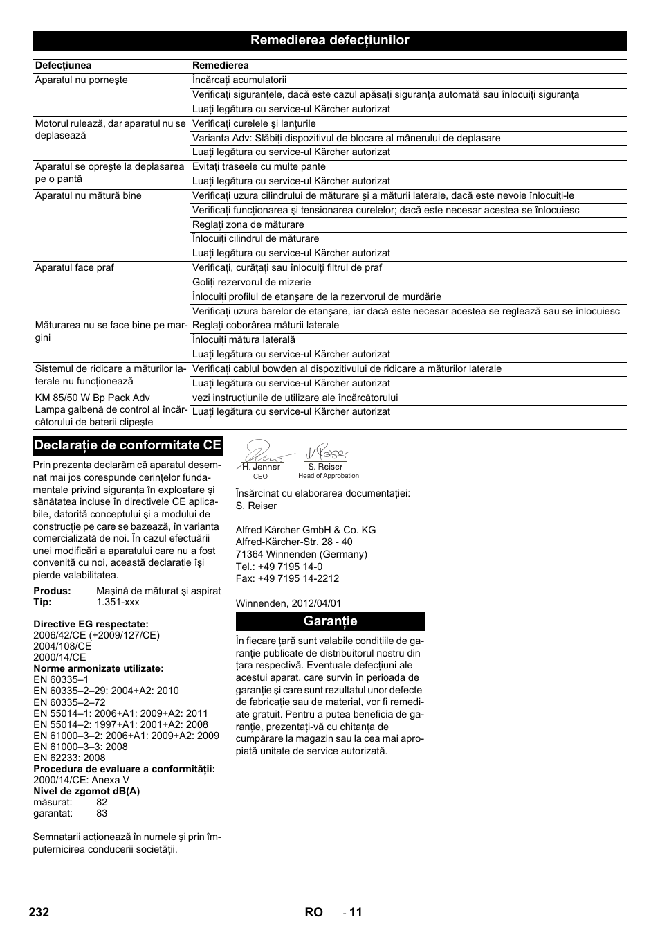 Remedierea defecţiunilor, Declaraţie de conformitate ce, Garanţie | Karcher KM 85-50 W Bp Adv User Manual | Page 232 / 336