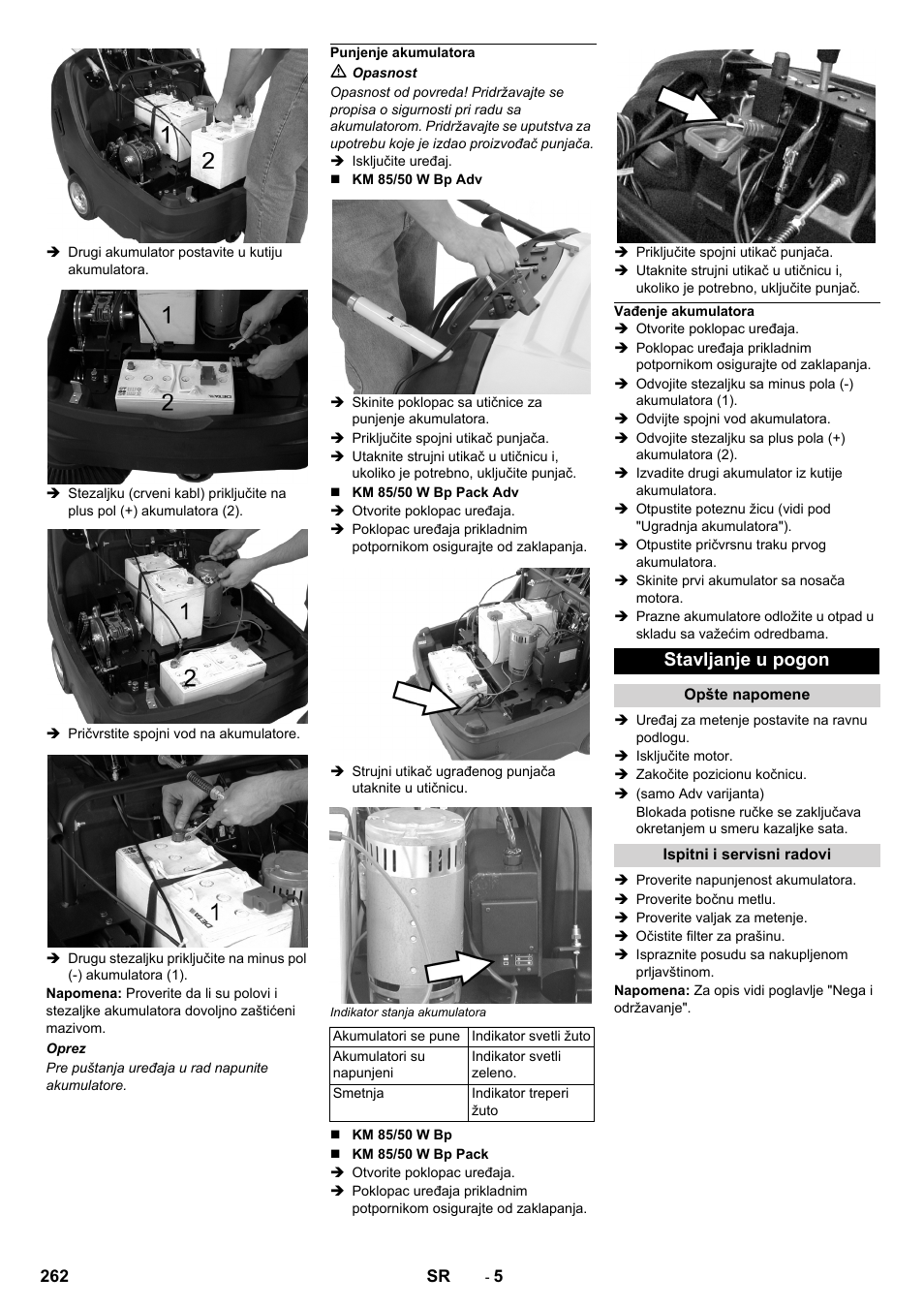 Punjenje akumulatora, Vađenje akumulatora, Stavljanje u pogon | Opšte napomene, Ispitni i servisni radovi | Karcher KM 85-50 W Bp Adv User Manual | Page 262 / 336