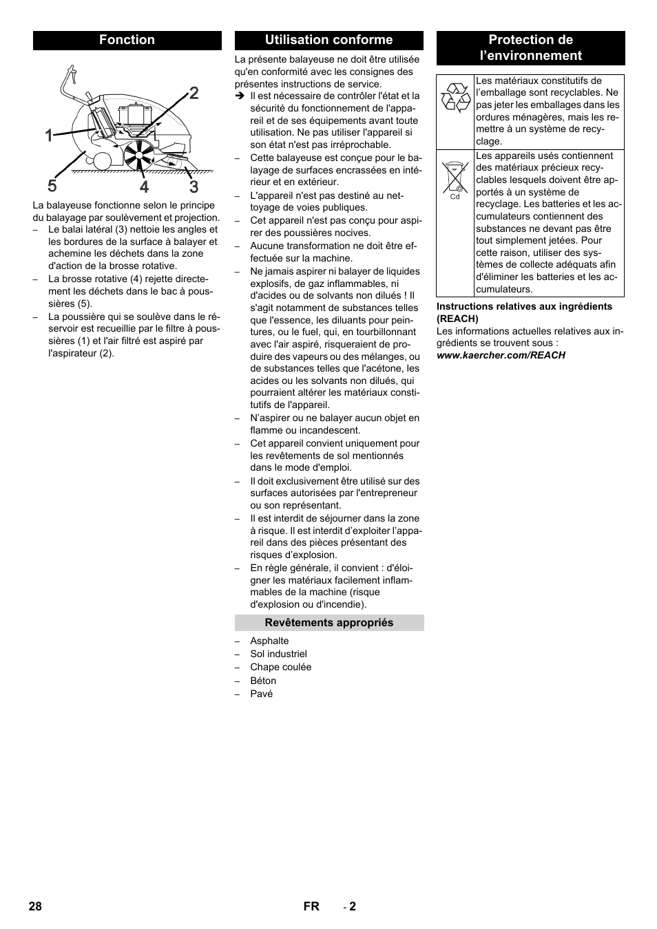 Fonction, Utilisation conforme, Revêtements appropriés | Protection de l’environnement, Fonction utilisation conforme | Karcher KM 85-50 W Bp Adv User Manual | Page 28 / 336