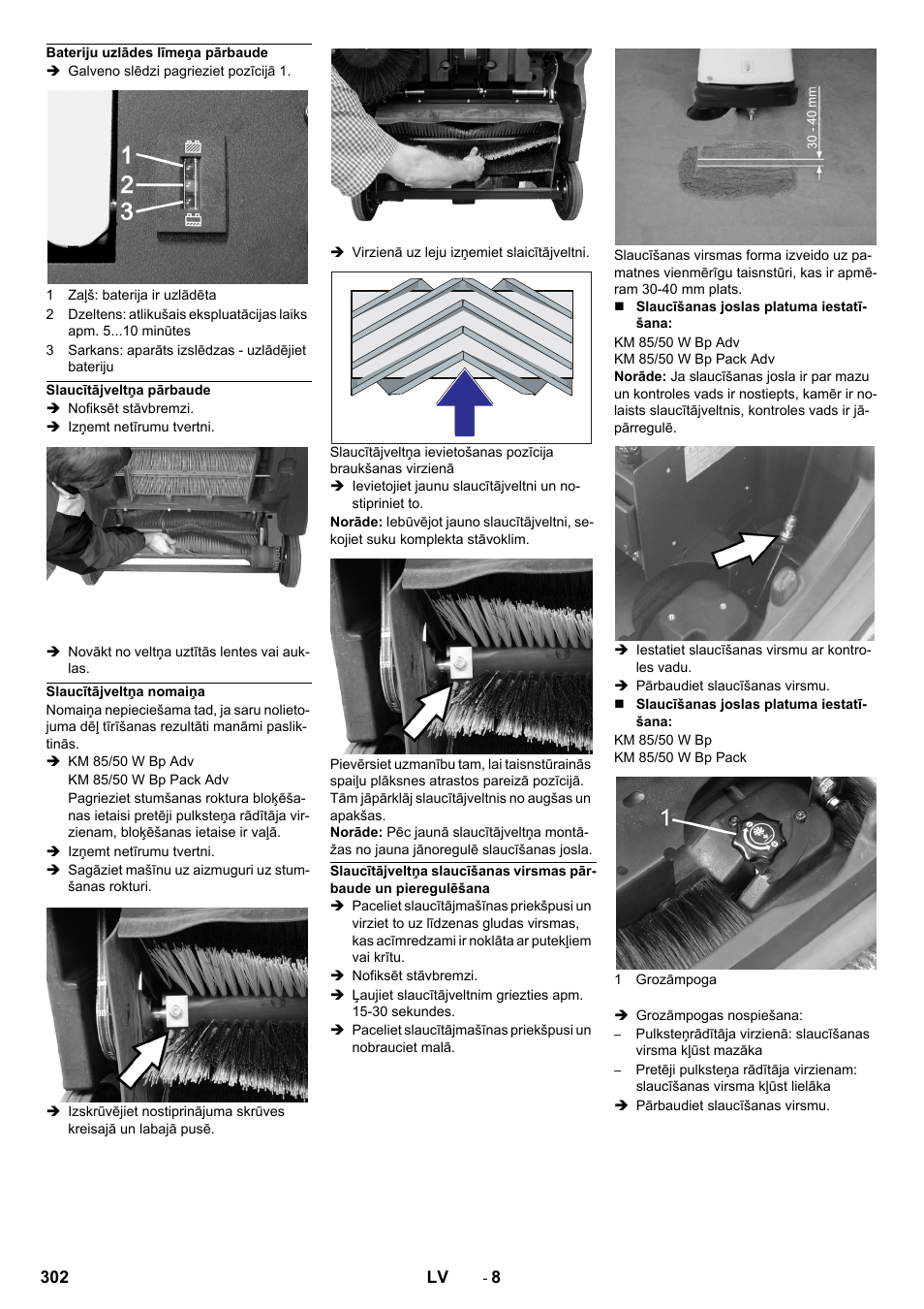 Bateriju uzlādes līmeņa pārbaude, Slaucītājveltņa pārbaude, Slaucītājveltņa nomaiņa | Karcher KM 85-50 W Bp Adv User Manual | Page 302 / 336