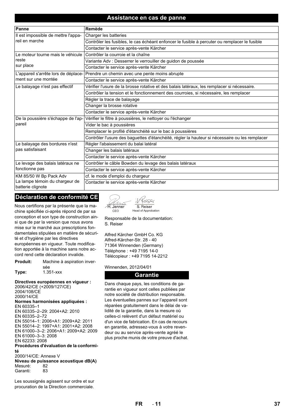 Assistance en cas de panne, Déclaration de conformité ce, Garantie | Karcher KM 85-50 W Bp Adv User Manual | Page 37 / 336