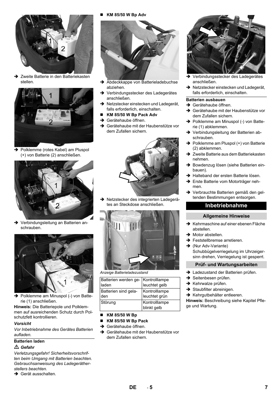 Batterien laden, Batterien ausbauen, Inbetriebnahme | Allgemeine hinweise, Prüf- und wartungsarbeiten | Karcher KM 85-50 W Bp Adv User Manual | Page 7 / 336