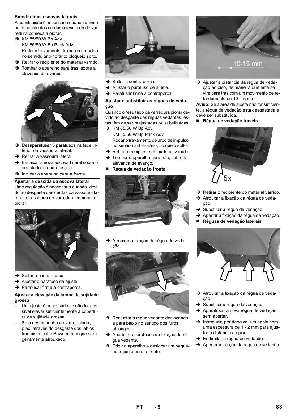 Substituir as escovas laterais, Ajustar a descida da escova lateral, Ajustar a elevação da tampa de sujidade grossa | Ajustar e substituir as réguas de vedação | Karcher KM 85-50 W Bp Adv User Manual | Page 83 / 336