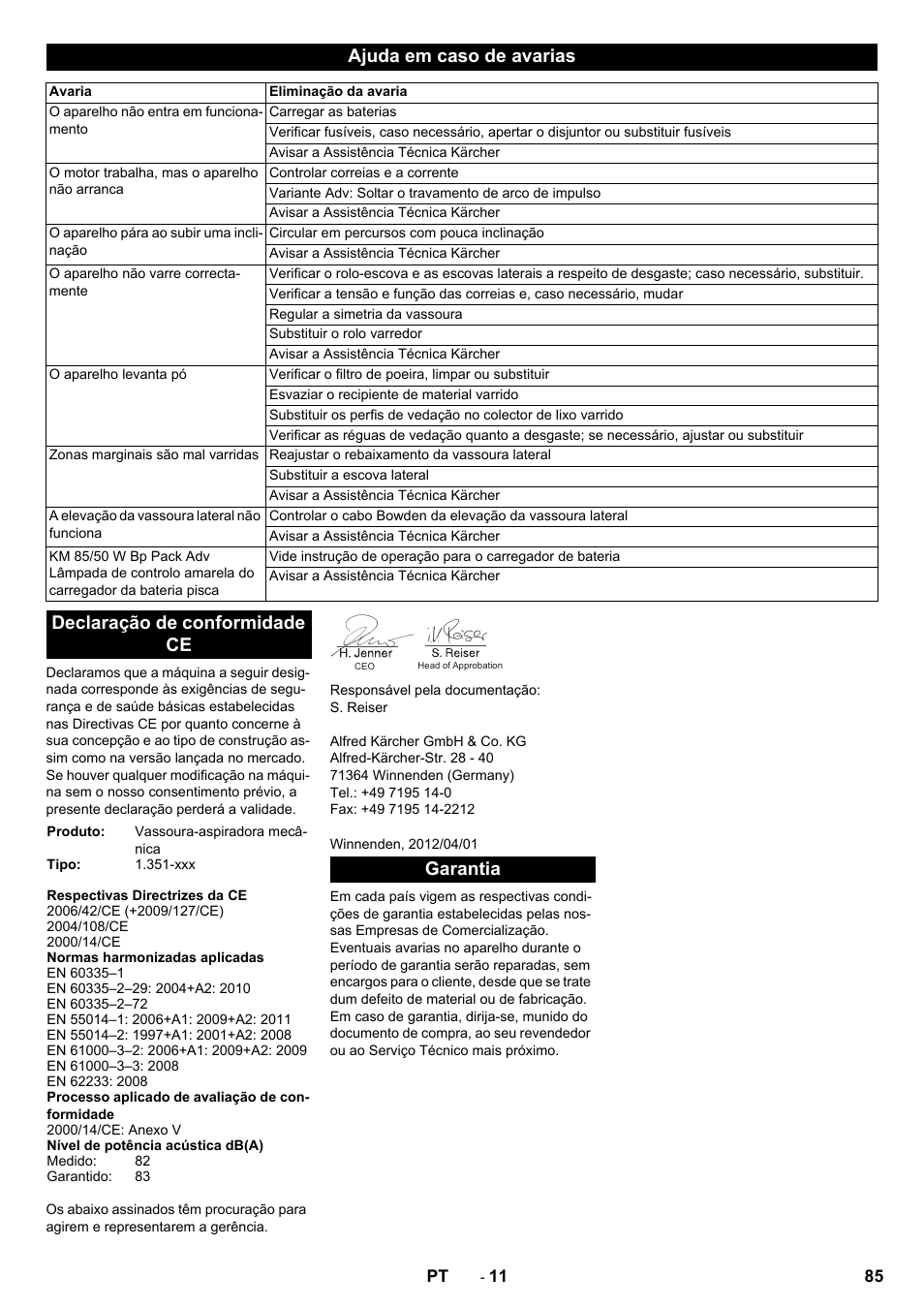 Ajuda em caso de avarias, Declaração de conformidade ce, Garantia | Karcher KM 85-50 W Bp Adv User Manual | Page 85 / 336