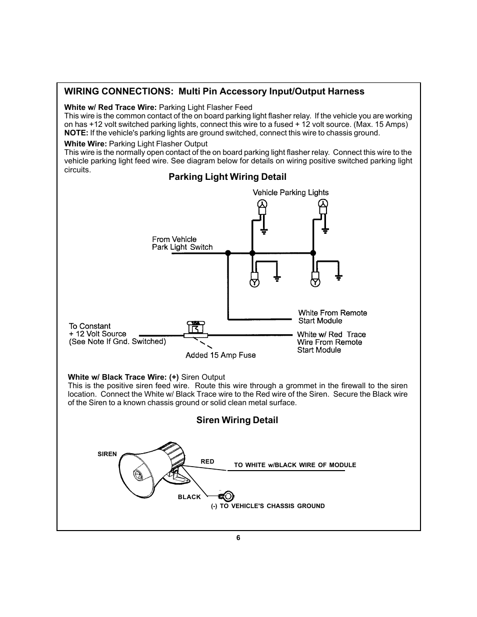 Parking light wiring detail, Siren wiring detail | Audiovox APS 750a User Manual | Page 6 / 66
