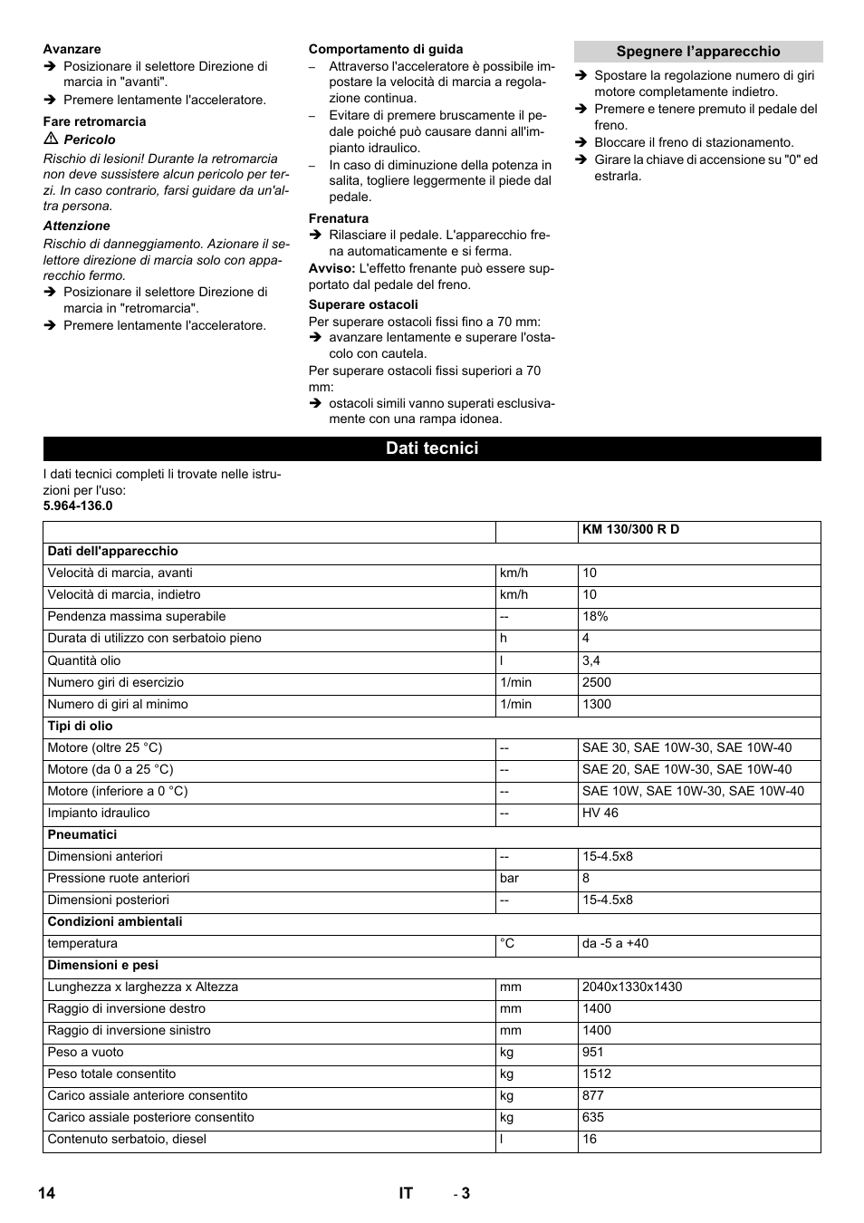 Dati tecnici | Karcher KM 130-300 D User Manual | Page 14 / 96