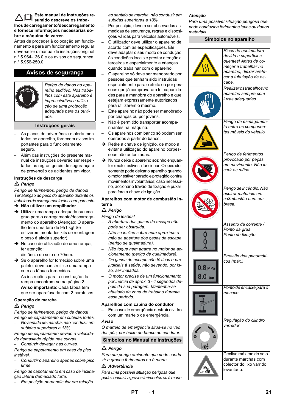 Português, Avisos de segurança | Karcher KM 130-300 D User Manual | Page 21 / 96