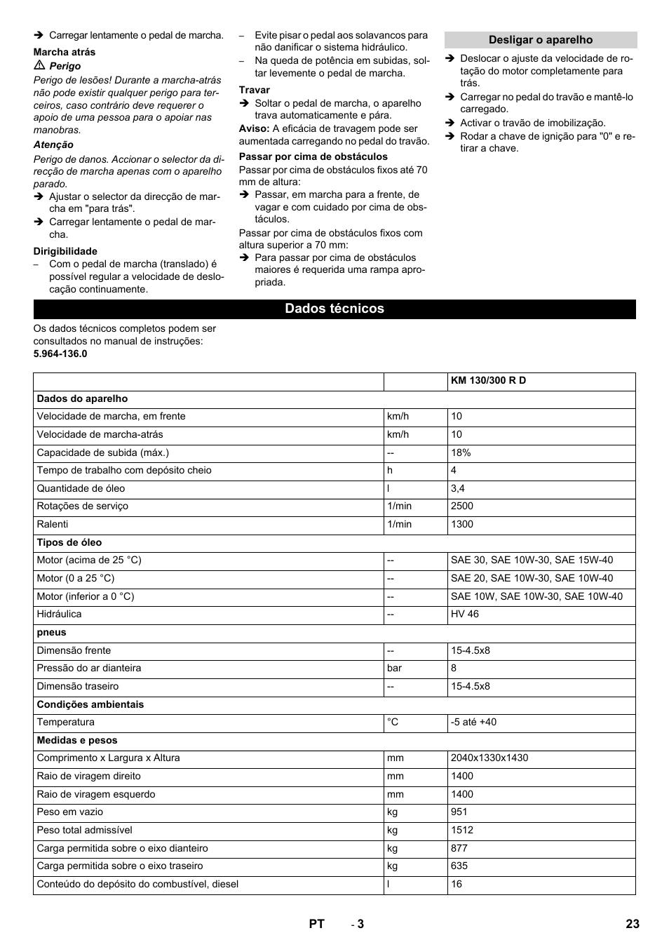 Dados técnicos | Karcher KM 130-300 D User Manual | Page 23 / 96