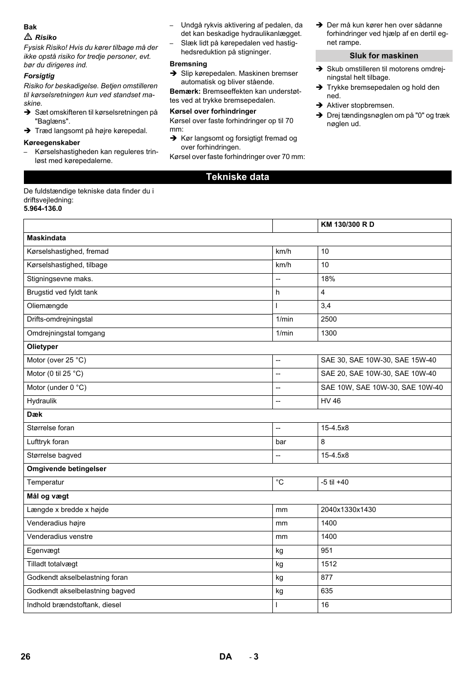 Tekniske data | Karcher KM 130-300 D User Manual | Page 26 / 96