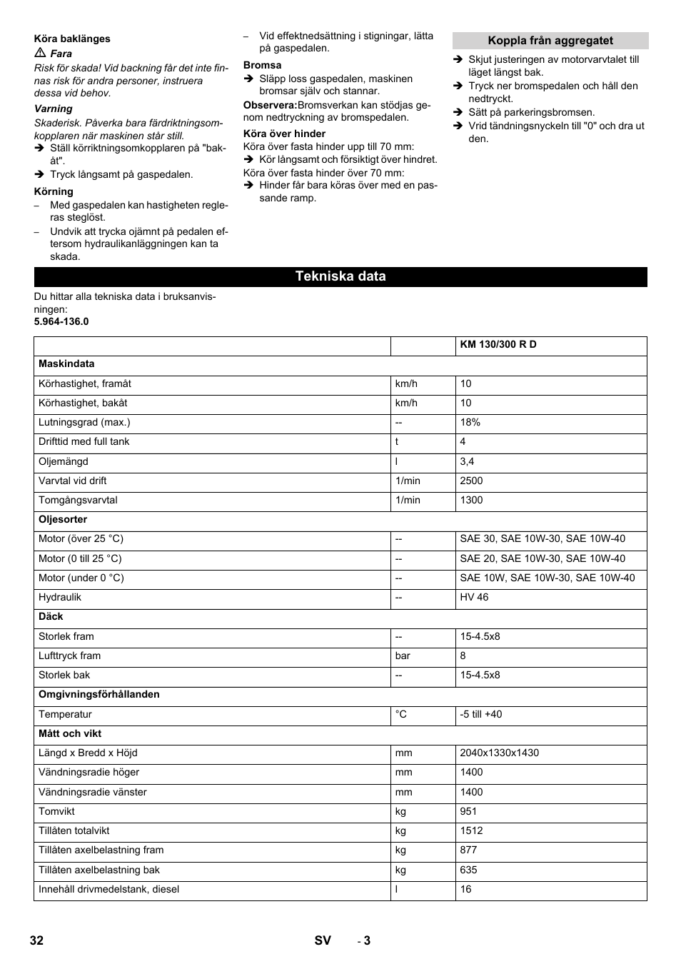 Tekniska data | Karcher KM 130-300 D User Manual | Page 32 / 96