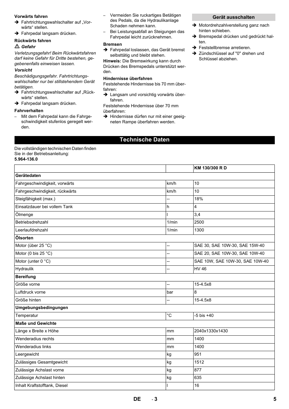 Technische daten | Karcher KM 130-300 D User Manual | Page 5 / 96