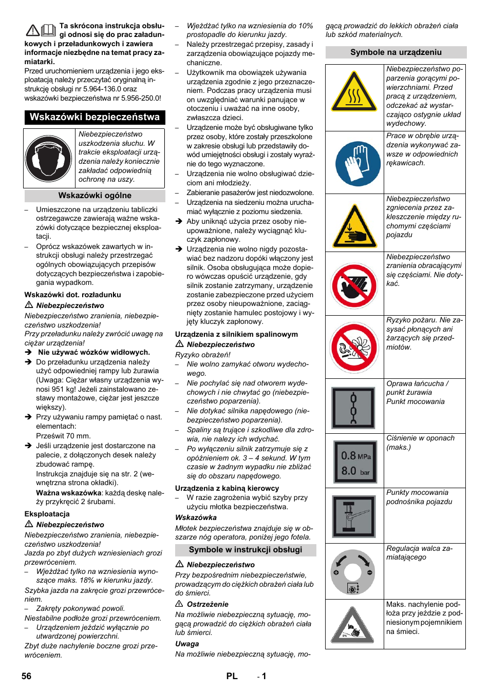 Polski, Wskazówki bezpieczeństwa | Karcher KM 130-300 D User Manual | Page 56 / 96